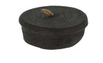 Korb mit Deckel 26 x 10 cm aus schwarzem Geflecht mit Seilgriff auf weißem Hintergrund.