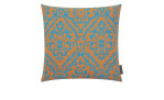 Kissenhülle Darla 45 x 45 cm, orange-blau gemustert, rechteckig, frontal vor weißem Hintergrund.