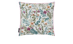 Kissenhülle Irina 45 x 45 cm: Quadratische Kissenhülle, weiß mit buntem Blumenmuster und rosa Paspelierung.