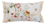Kissenhülle Beaulieu 30x50 cm, rechteckig, florales Pastellmuster, Rüschen, auf hellbeigem Naturfaserstoff.