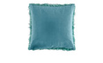 Eine blaue Kissenhülle Cuddly 50 x 50 cm mit einer pelzigen Synthetikfaser-Bordüre, abgebildet auf einem weißen Hintergrund.