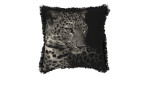 Kissenhülle Africano 45x45 cm: Schwarzer Bezug mit Leopardengesicht aus Jaquard-Mischgewebe, Fransen, weißer Hintergrund.