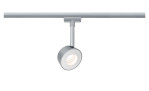 LED-Spot URail 18 cm: Moderne silberne Stromschiene mit einem verstellbaren Strahler und Glühbirne inklusive.