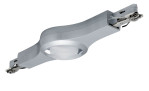 Silberfarbener LED-Linienverbinder URail 18 cm aus Metall, rundes Leuchtmittel inkl., zwei Clips pro Seite, Unteransicht.
