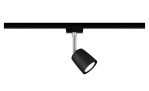Der Spot URail 14 cm ist eine schwarze Stromschiene mit einem einzelnen verstellbaren Strahler, hergestellt aus Metall und Kunststoff.