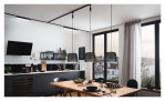Moderne Küche und Essbereich mit URail 150 cm Pendelleuchten, großen Fenstern und Blick auf die Stadt bei Sonnenuntergang.