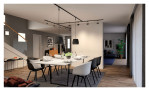Modernes Esszimmer mit einem weißen Tisch, schwarzen Stühlen, Schiene URail 10 cm und Fenstern mit transparenten Vorhängen.