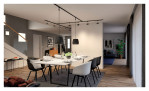 Modernes Esszimmer mit Endkappen 2er-Set URail, weißem Tisch, schwarzen Stühlen, Pendelleuchten und transparenten Vorhängen.