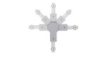 Der Gelenk-Verbinder URail 15 cm ist ein symmetrisches Metallgerät mit sechs silberfarbenen Armen auf weißem Grund.