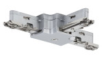 Silberner T-Verbinder URail 10 cm mit vier Armen und sichtbaren Schrauben aus der Froschperspektive.
