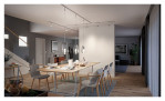 Modernes Esszimmer mit Holztisch, silbernen Stühlen, Schiene URail 50 cm Beleuchtung und transparenten Vorhängen.