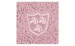 Duschtuch Vita 70 x 140 cm von Ross, pink, mit aufgesticktem Schild-Emblem und drei nach links schwimmenden Delfinen.