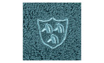 Teal gesticktes Wappen mit drei geschwungenen Linien auf strukturierter blauer Baumwolle, Ross Duschtuch Vita 70 x 140 cm.