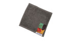 Das graue Seiftuch Vita 30x30 cm von Ross mit buntem Label, perfekt für stilvolle Dekorationen.