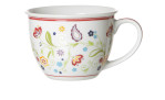 Jumbotasse Shanti 350 ml von Röhr mit roten, gelben und blauen Blumen und rotem Rand auf weißem Porzellan.