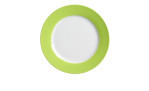 Der Ritzenhoff & Breker Dessertteller Doppio 21 cm ist ein runder Porzellanteller in Weiß mit einem hellen Rand in Grün.