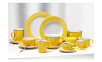 Ritzenhoff & Breker Kaffeetasse Doppio 180 ml in gelb und weiß, zusammengestellt mit Tellern, Tassen, Untertassen und Schalen.