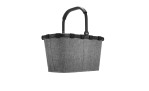 Der Reisenthel Einkaufskorb Carrybag ist ein grauer Polyesterkorb mit Aluminiumrahmen und stabilem Griff auf weißem Grund.