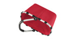 Der Reisenthel Einkaufskorb Carrybag ist ein roter Polyesterkorb mit einem schwarz-silbernen Aluminiumgriff, Ansicht von oben.