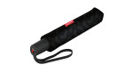 Ein gefalteter Reisenthel Regenschirm Pocket Duomatic mit Handschlaufe, schwarzem Logo, recyceltem Polyestergewebe.