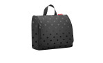 Die Reisenthel Kulturtasche Toiletbag XL ist eine schwarze Kulturtasche mit Griff, Reißverschluss und glänzenden Punkten auf recyceltem Polyester.