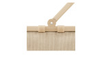 Reisenthel Einkaufskorb Carrybag: beigefarbener plissierter Cord Sand Stoff, Aluminiumrahmen/Griff, Nahaufnahme mit Logo.