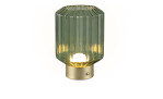 Die Akku-Tischleuchte Lord 19,5 cm hat einen gerippten grünen Glasschirm, einen goldenen Metallsockel und eine Innenbeleuchtung.