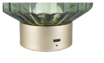 Nahaufnahme der Akku-Tischleuchte Lord 19,5 cm: goldener Sockel mit USB-C, Leuchtmittel, und geriffelter grüner Glasplatte.