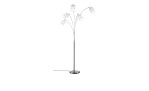 Stehleuchte Tommy von Reality, 200 cm hoch, mit fünf verstellbaren weißen Schirmen und matt vernickelt.