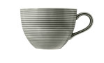 Der Becher Seltmann Milchkaffeeobere Beat Perlgrau 350 ml hat weiße Querstreifen und einen Henkel für eine stilvolle Dekoration.