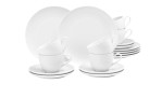 Das Seltmann Geschirrset Amina 18 tlg. zeigt Teller, Tassen und Untertassen gestapelt auf weißem Grund.