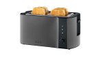Der Severin SEVERIN Langschlitz-Toaster in dunklem Edelstahl mit vier Schlitzen ist vor einem weißen Hintergrund abgebildet.
