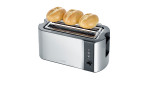 Ein SEVERIN Langschlitz-Toaster von Severin mit drei Rollen obenauf, aus gebürstetem Edelstahl vor weißem Hintergrund.