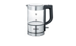 Der SEVERIN Mini-Glaswasserkocher 500 ml ist ein transparenter Severin-Wasserkocher mit schwarzem Griff, Edelstahlboden und Wasserstandsmarkierungen.