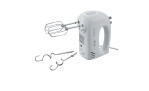 Der Severin SEVERIN Handmixer aus Kunststoff und Metall mit aufgesetzten Quirlen und zwei Knethaken daneben.