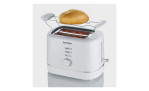 Der Severin SEVERIN Toaster, weiß, 28 cm breit, erwärmt ein Brötchen auf seinem Heizeinsatz, während darunter Toast gebräunt wird.