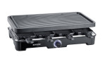 SEVERIN Raclette-Grill von Severin, schwarz/silber, 42 cm breit, mit Raclette-Pfännchen und frontseitigem Temperatureinstellknopf.