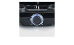 Nahaufnahme des SEVERIN Raclette-Grill-Drehknopfes mit blauem Ring, eingestellt zwischen MIN und MAX. 42x28 cm.