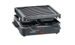 Severin SEVERIN Mini-Raclette-Grill in Schwarz, 26x40 cm, mit Antihaftplatten und 2 Pfännchen auf weißem Grund.