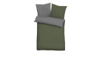 Bettwäsche in Grün und Grau und mit dem Namen Biberna. Es hat die Maße von 200 x 200 cm. Mit zwei Kopfkissen zusehen. 