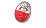 Küchenprofi Eier-Uhr EI-Time 5,8 cm rot/weiße Eieruhr mit Cartoon-Vogelgesicht und Etiketten "hart", "mittel", "weich".