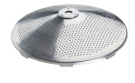 Das Passiergerät Profi von Küchenprofi ist eine runde, silberne Edelstahlscheibe (21 cm) mit erhabener Mitte und Perforation.