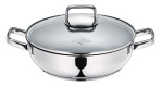 Servierpfanne Pisa 28 cm von Küchenprofi aus silberfarbenem Edelstahl mit zwei Griffen und Glasdeckel.