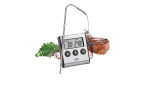 Küchenprofi Digitaler Bratenthermometer Primus mit Edelstahlfühler, Steak, Knoblauch & Kräuter auf weißem Hintergrund.