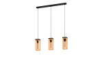 Drei Hängeleuchten Nafferton 80 cm mit Holzrahmen und freiliegenden Glühbirnen, aufgehängt an einer schwarzen Metallhalterung.