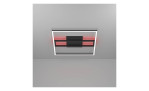 Die LED-Deckenleuchte Calagrano-Z 45 cm zeigt schwarze geometrische Formen und ein rotes Leuchten auf einer grauen Decke.