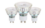 Leuchtmittel 3er-Set 113114 GU10: drei klare LED-Strahler, Effizienzklasse F, auf weißem Grund.