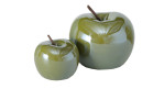Zwei glänzend grüne Boltze Deko-Apfel Perly, einer groß und einer 7 cm, mit braunen Stielen auf weißem Grund.