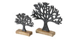 Zwei Boltze Deko-Aufsteller Lapu 18 cm Baumskulpturen in Schwarz auf hellen Holzsockeln, vor weißem Hintergrund.
