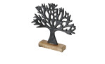 Boltze Deko-Aufsteller Lapu 26 cm: Schwarz Metall Baum-Skulptur mit offenen Zweigen auf Holzsockel, freigestellt.